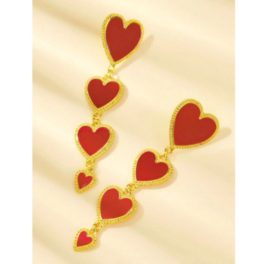 RED HEARTS DANGLE EARRINGS LONG GOLD HEART DECENDING SIZE DROP LONG EARRINGS NEW - Picture 2 of 4